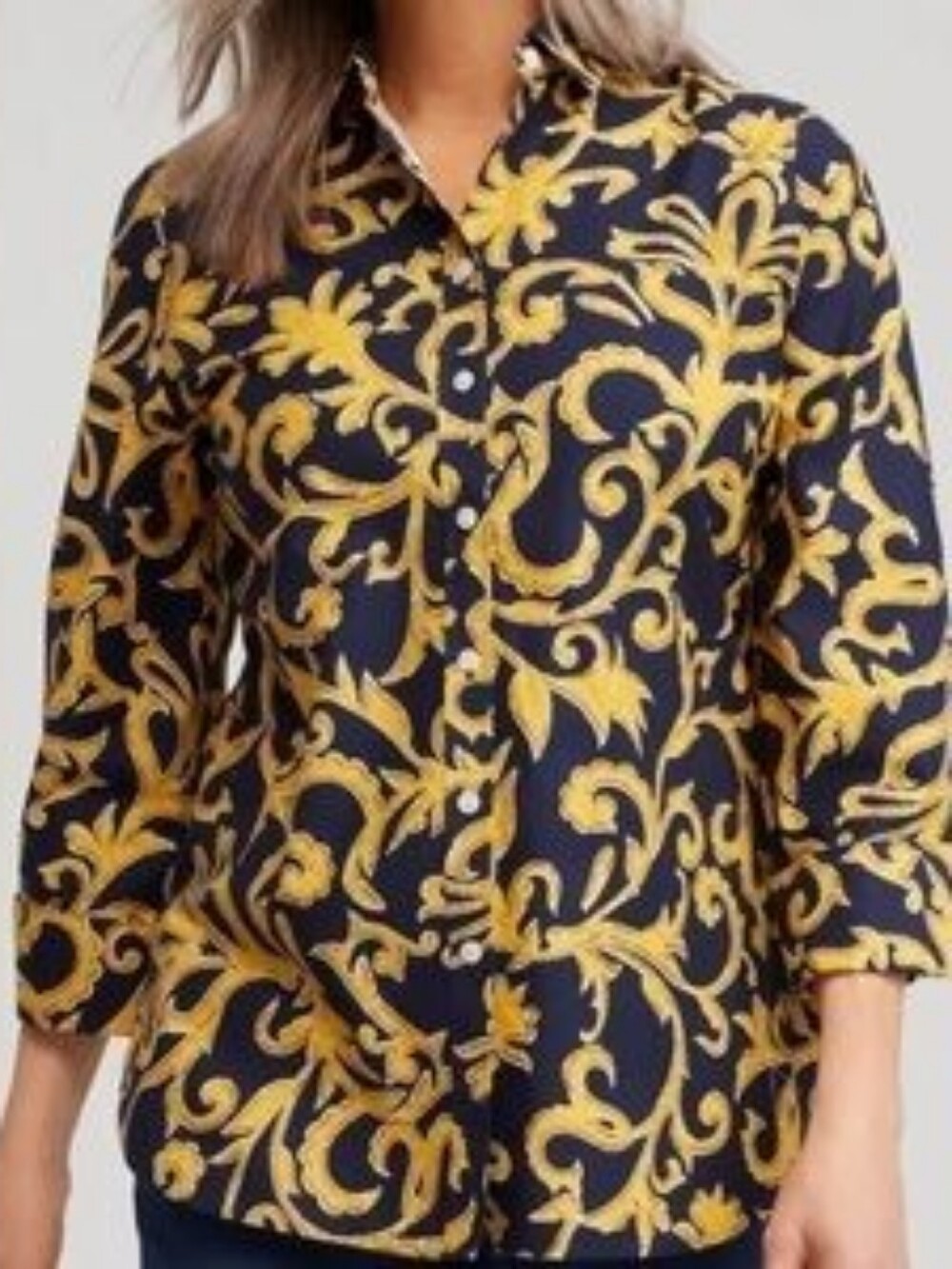 Chico's Navy Blue And Gold Baroque Scroll Print Button Up Blouse